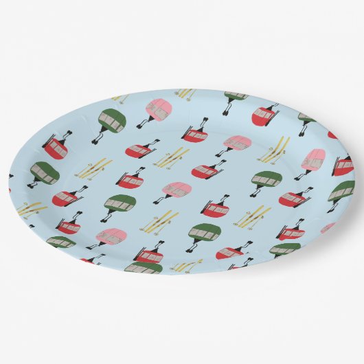 Blue Retro Skilift Gondelbahn Winterski Pappteller (Schrägansicht)