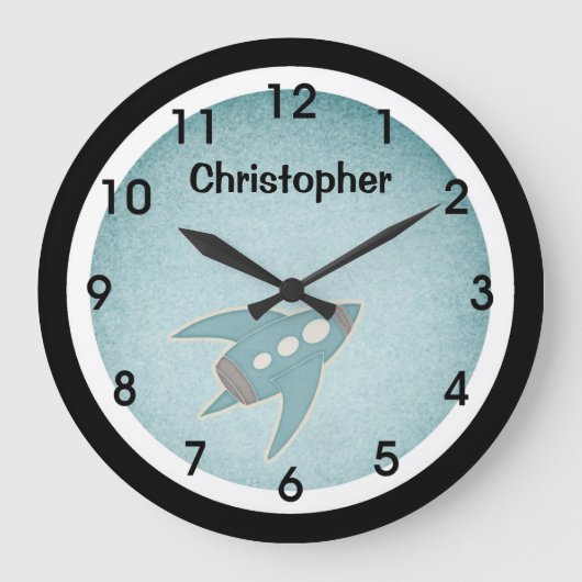 Blue Retro Space Ship Wall Clock Große Wanduhr (Vorderseite)