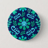Blue Retro Style Floral and Sun Symbol Pattern Button (Vorderseite)