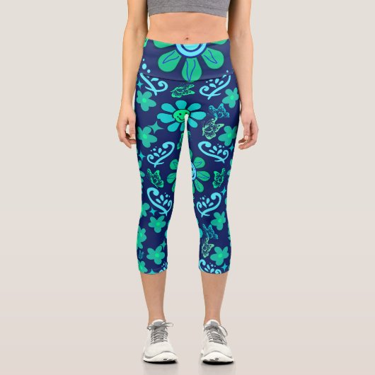 Blue Retro Style Floral and Sun Symbol Pattern Capri Leggings (Vorderseite)