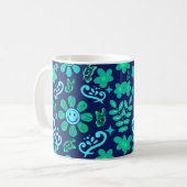 Blue Retro Style Floral and Sun Symbol Pattern Kaffeetasse (Vorderseite Links)