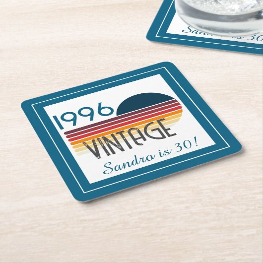 Blue Retro Sun 1996 Photo 30th Birthday Stripe  Rechteckiger Pappuntersetzer (angewinkelt)