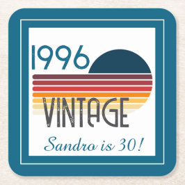 Blue Retro Sun 1996 Photo 30th Birthday Stripe  Rechteckiger Pappuntersetzer