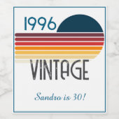 Blue Retro Sun 1996 Photo 30th Birthday Stripe Weinetikett (Einzelnes Label)