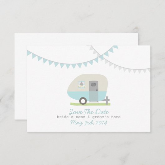 Blue Retro Trailer & Hochzeit speichern das Datum Save The Date (Vorne/Hinten)