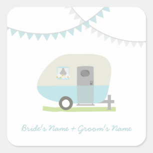 Blue Retro Trailer Hochzeitsticker Quadratischer Aufkleber