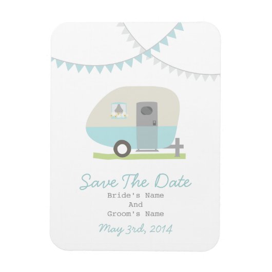 Blue Retro Trailer Save the Date Magnet (Vertikal)