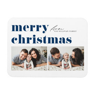 Blue Retro Typografie Frohe Weihnachten Zwei Foto Magnet