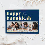 Blue Retro Typografie Happy Hanukkah Zwei Foto Folien Feiertagspostkarte<br><div class="desc">Happy Hanukka! Senden Sie Ihre Hanukkah Grüße an Familie und Freunde mit dieser anpassbaren Foto Hanukkah-Karte. Es zeichnet sich durch Retro-fett Typografie aus. Personalisieren Sie diese,  indem Sie Ihre Daten hinzufügen. Diese benutzerdefinierte Hanukkah-Karte ist auf anderen Farben und Cardstock erhältlich. Matching-Elemente sind verfügbar.</div>