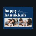 Blue Retro Typografie Happy Hanukkah Zwei Foto Magnet<br><div class="desc">Happy Hanukka! Feiern Sie das fröhliche Lichtfestival mit unserem individuell anpassbaren Foto Hanukkah Magneten! Mit diesem festlichen Magneten können Sie Ihre Lieblingslieder präsentieren und Ihre Urlaubsstimmung mit einer persönlichen Touch bereichern. Es zeichnet sich durch Retro-fett Typografie aus. Personalisieren Sie diese, indem Sie Ihre Daten hinzufügen. Ein ideales Geschenk für Familie...</div>
