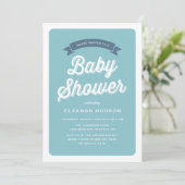 Blue Retro Typografie Script Classic Baby Shower I Einladung (Stehend Vorderseite)