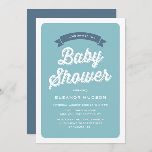 Blue Retro Typografie Script Classic Baby Shower I Einladung (Vorne/Hinten)