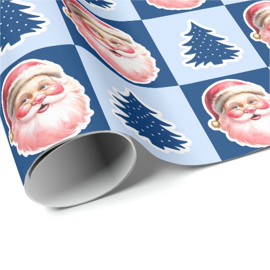 Blue Retro Weihnachtsbaum Tartan Kariert Geschenkpapier (Rolleneckpunkt)
