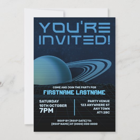 Blue Retrowave-Party Einladung (Vorderseite)