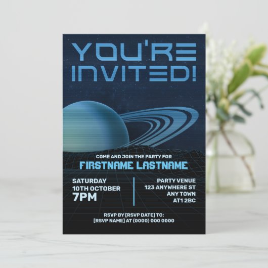 Blue Retrowave-Party Einladung (Stehend Vorderseite)