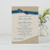 Blue Ribbon and Burlap Wedding Einladung (Stehend Vorderseite)