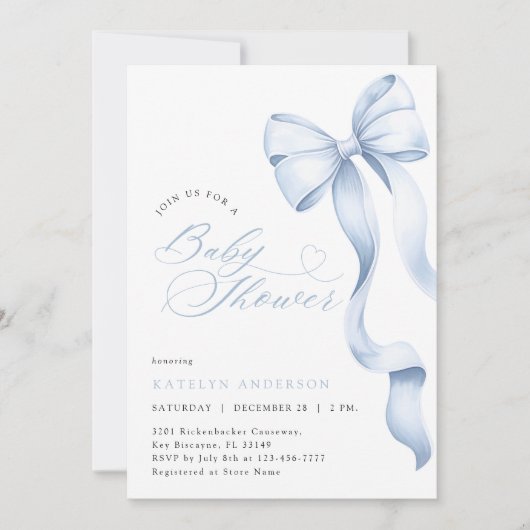 Blue Ribbon Baby Dusche Einladung (Vorderseite)