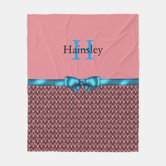Blue Ribbon Bow Black Chandelier Damask Monogram Fleecedecke (Vorderseite)