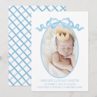 Blue Ribbon Bow Watercolor Gingham Baby Boy Feiertagskarte