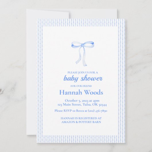 Blue Ribbon Coquette Baby Dusche Einladung (Vorderseite)