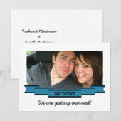 Blue Ribbon Foto Save the Date Postkarte (Vorne/Hinten)