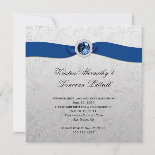 Blue Ribbon Gem Silver Post Wedding Einladung (Vorderseite)