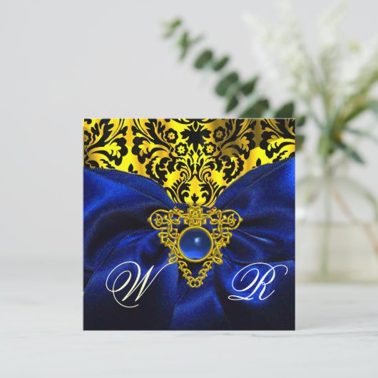 BLUE RIBBON GOLD CELTIC HERZ DAMASK MONOGRAMM EINLADUNG (Stehend Vorderseite)