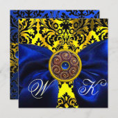 BLUE RIBBON GOLD YELLOW BLACK DAMASK MONOGRAMM EINLADUNG (Vorne/Hinten)
