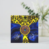 BLUE RIBBON GOLD YELLOW BLACK DAMASK MONOGRAMM EINLADUNG (Stehend Vorderseite)