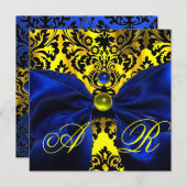 BLUE RIBBON GOLD YELLOW BLACK DAMASK MONOGRAMM EINLADUNG (Vorne/Hinten)