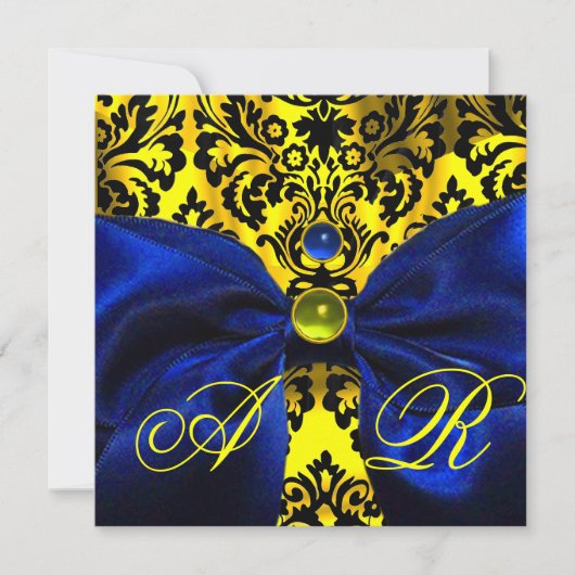 BLUE RIBBON GOLD YELLOW BLACK DAMASK MONOGRAMM EINLADUNG (Vorderseite)
