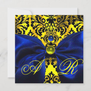 BLUE RIBBON GOLD YELLOW BLACK DAMASK MONOGRAMM EINLADUNG