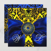 BLUE RIBBON GOLD YELLOW BLACK DAMASK MONOGRAMM EINLADUNG (Vorne/Hinten)