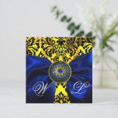 BLUE RIBBON GOLD YELLOW BLACK DAMASK MONOGRAMM EINLADUNG (Stehend Vorderseite)