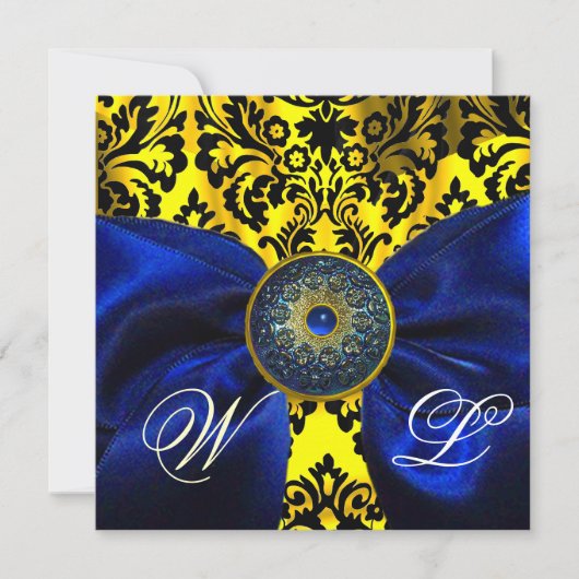 BLUE RIBBON GOLD YELLOW BLACK DAMASK MONOGRAMM EINLADUNG (Vorderseite)