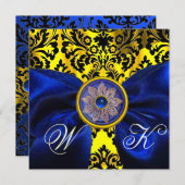 BLUE RIBBON GOLD YELLOW BLACK DAMASK MONOGRAMM EINLADUNG (Vorne/Hinten)