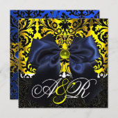 BLUE RIBBON GOLD YELLOW BLACK DAMASK MONOGRAMM EINLADUNG (Vorne/Hinten)