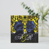 BLUE RIBBON GOLD YELLOW BLACK DAMASK MONOGRAMM EINLADUNG (Stehend Vorderseite)