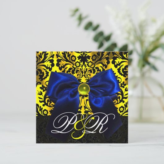 BLUE RIBBON GOLD YELLOW BLACK DAMASK MONOGRAMM EINLADUNG (Stehend Vorderseite)