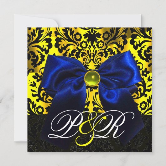 BLUE RIBBON GOLD YELLOW BLACK DAMASK MONOGRAMM EINLADUNG (Vorderseite)