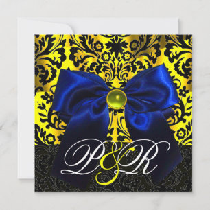 BLUE RIBBON GOLD YELLOW BLACK DAMASK MONOGRAMM EINLADUNG