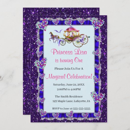Blue Ribbon Lila Glitzer Royal Princess Birthday Einladung (Vorne/Hinten)
