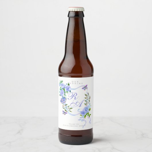 Blue Ribbon Monogram Wedding  Bierflaschenetikett (Vorderseite)