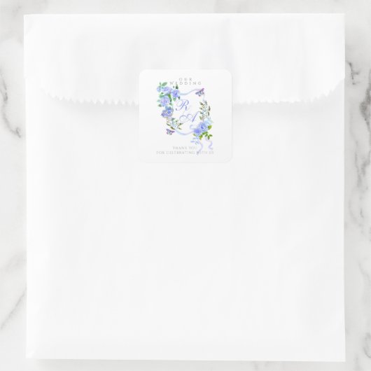 Blue Ribbon Monogram Wedding Quadratischer Aufkleber (Tasche)