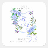 Blue Ribbon Monogram Wedding Quadratischer Aufkleber (Vorderseite)