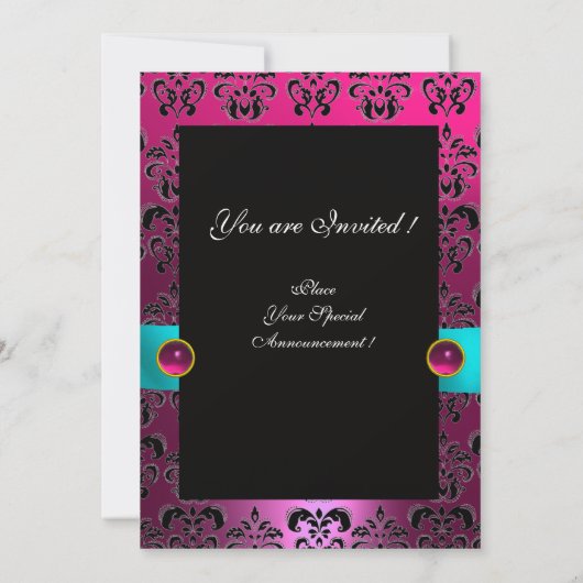 BLUE RIBBON PINK FUCHSIA BLACK DAMASK MONOGRAMM EINLADUNG (Rückseite)