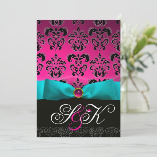BLUE RIBBON PINK FUCHSIA BLACK DAMASK MONOGRAMM EINLADUNG (Stehend Vorderseite)