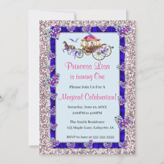 Blue Ribbon Pink Glitzer Royal Princess Birthday Einladung (Vorderseite)