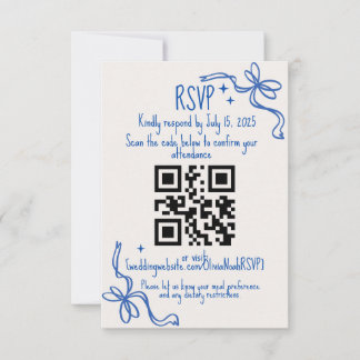 Blue Ribbon QR Wedding RSVP Card Karte