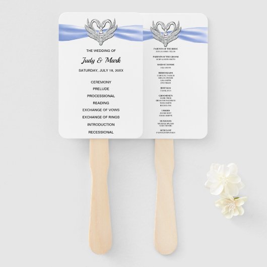 Blue Ribbon Silver Swan Wedding Program Fans Fächer (Vorne und Hinten)